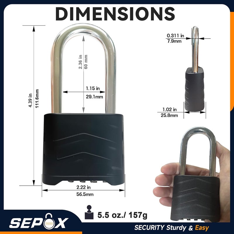 SEPOX 4PCS Large Combination Padlock, Long Shackle Outdoor Combo Lock 2.2" 55mm Heavy Duty Weatherproof, Ressetable 4Digital, Security Aluminum Body,Uncuttable Shackle, for Home, School, Gate, Garden - Image 4